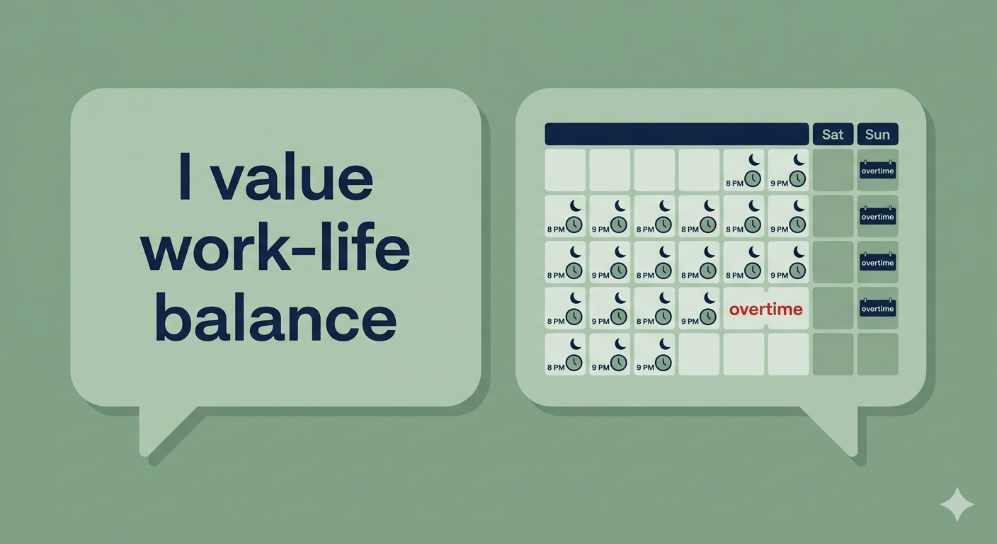 Illustration of stated vs revealed values in work patterns