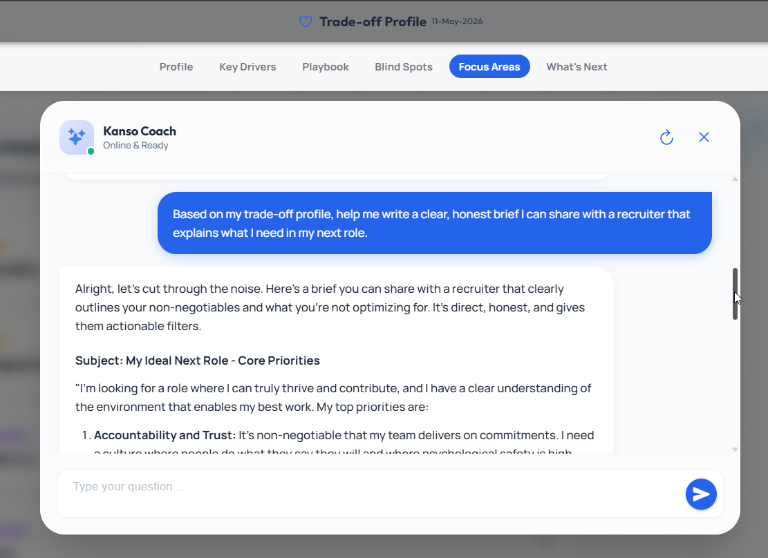 Kanso Coach helping interpret a trade-off result